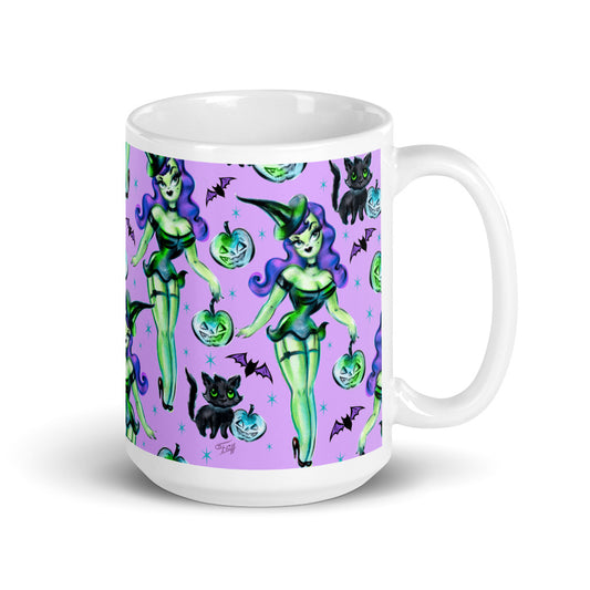 Cute Pinup Witch on Purple • Mug 15 oz