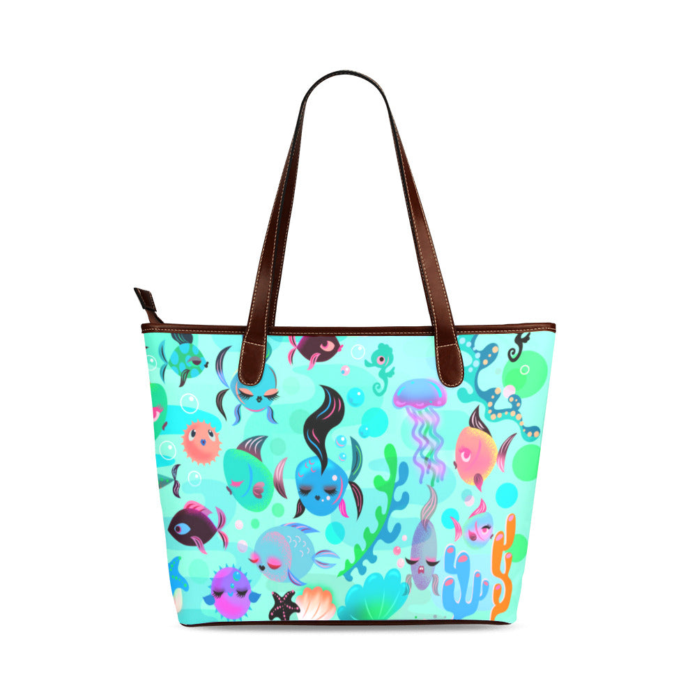 Mid Mod Fishies on Aqua •  Shoulder Purse Tote