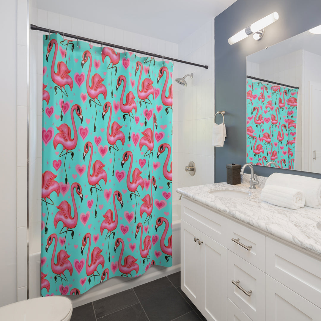 Flamingos and Hearts Aqua • Shower Curtain