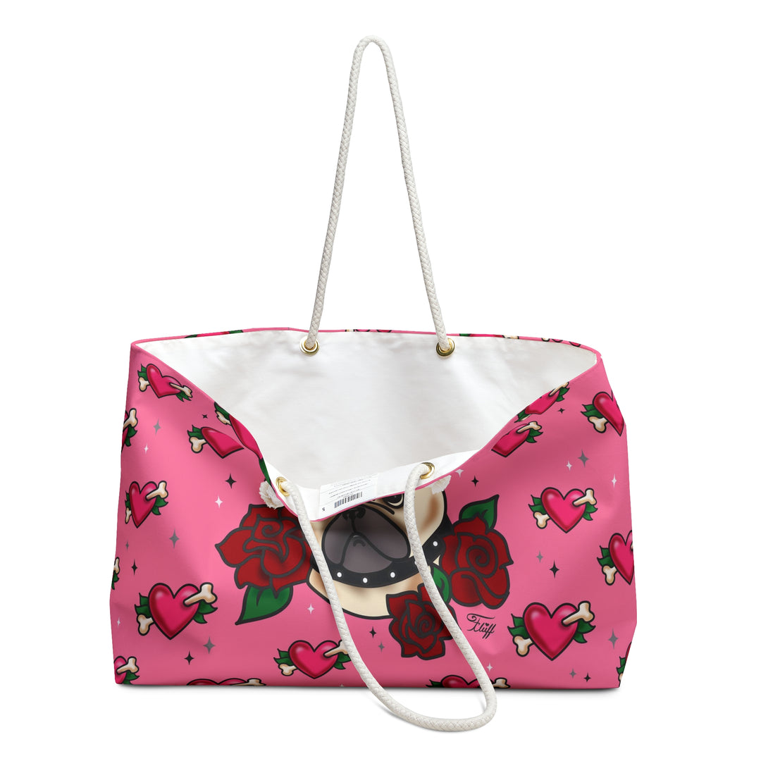Tattoo Pug with Roses on Pink • Weekender Bag