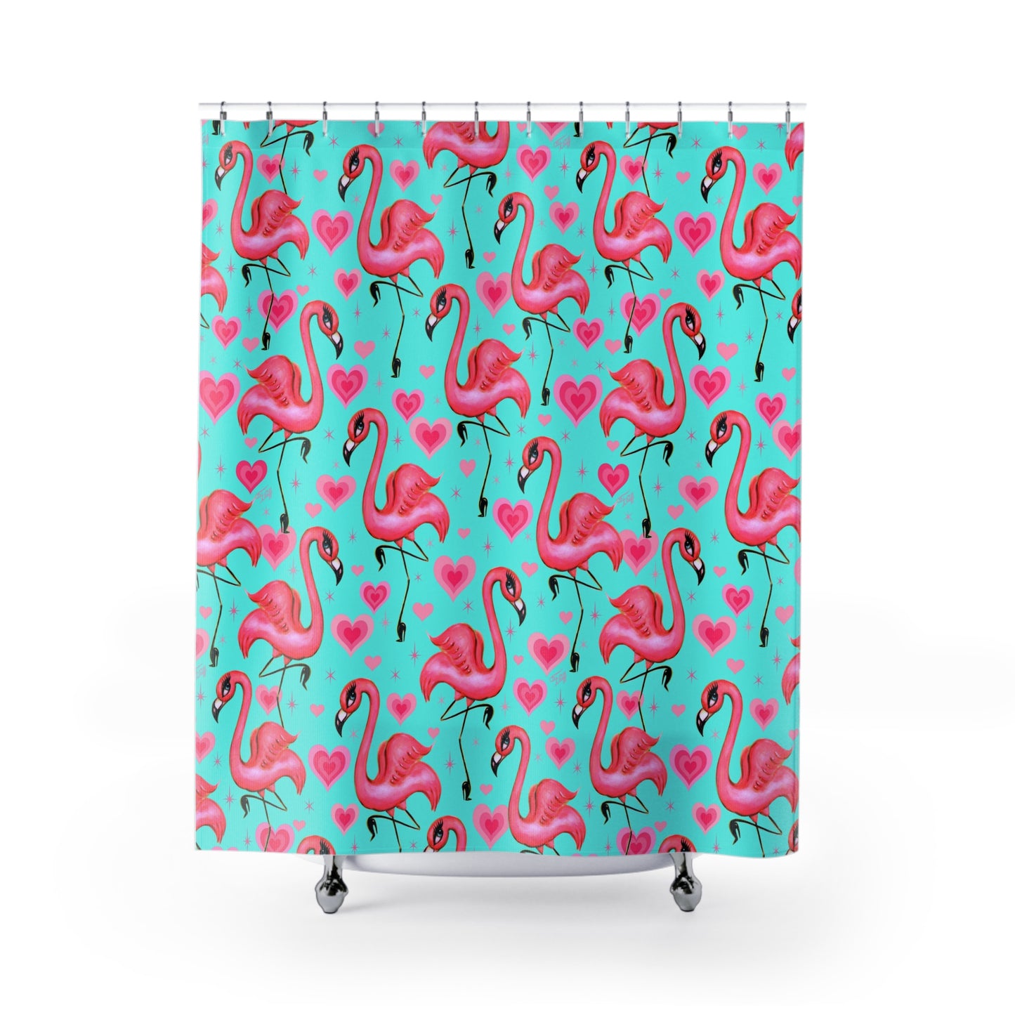 Flamingos and Hearts Aqua • Shower Curtain