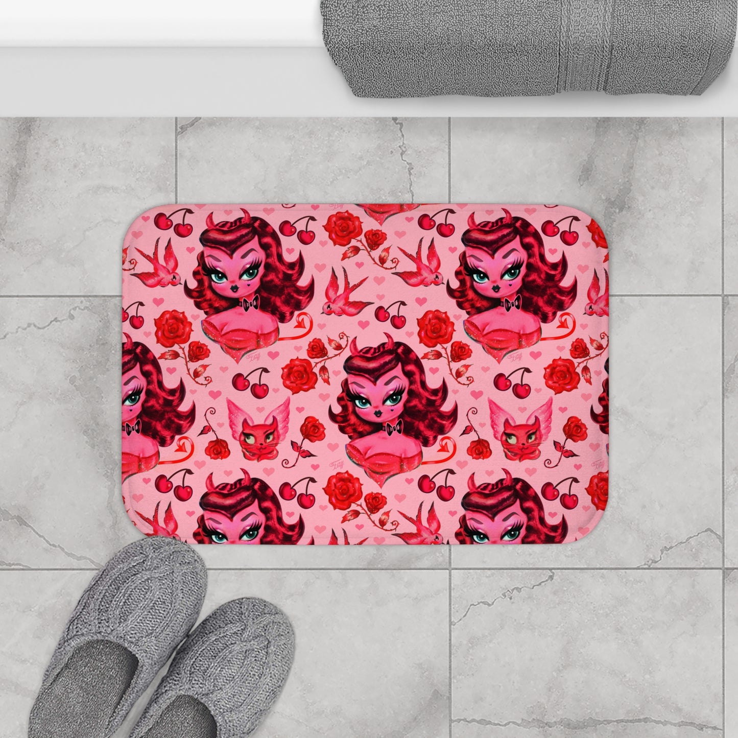 Devil Dolly with Roses and Cherries • Bath Mat