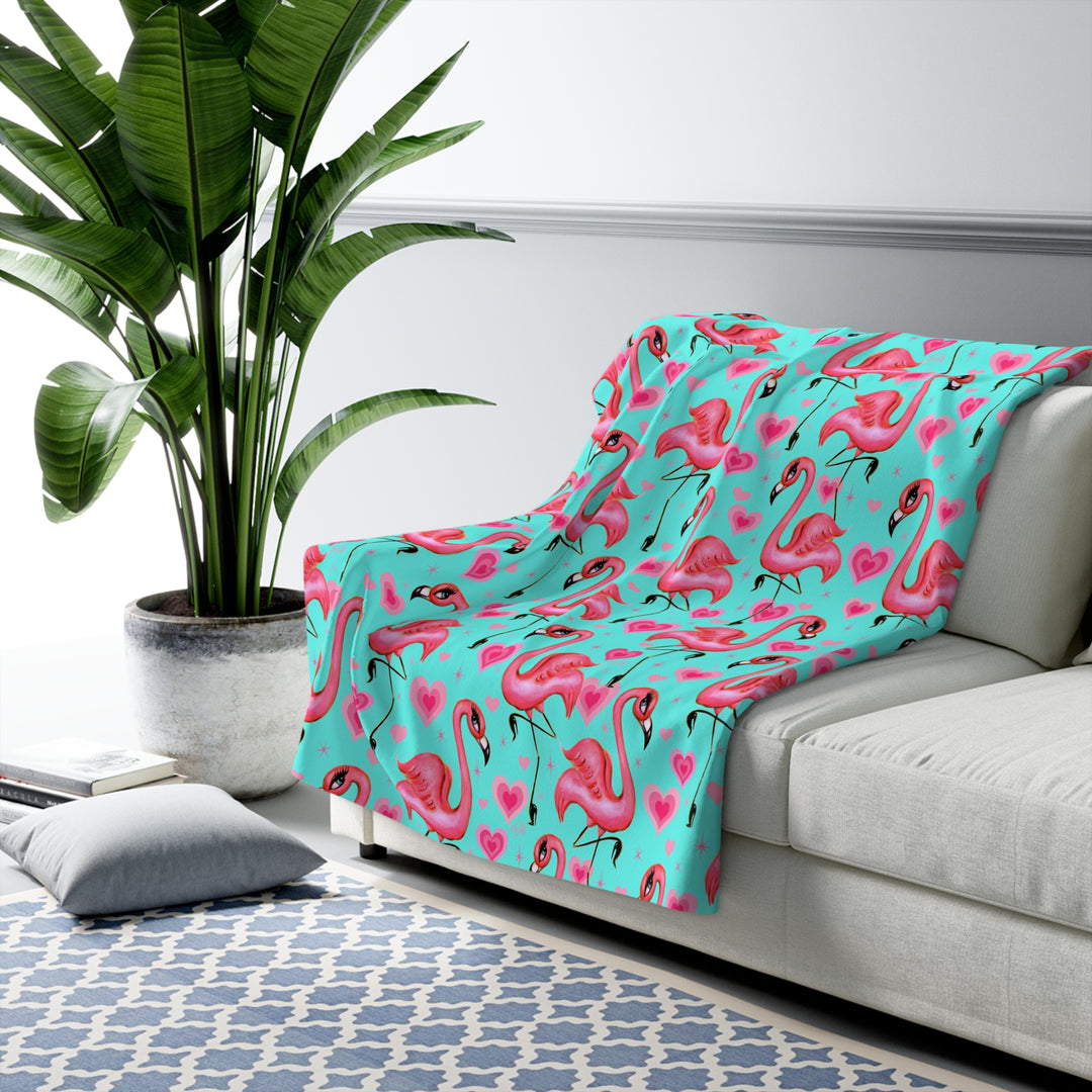 Flamingos and Hearts Aqua • Sherpa Fleece Blanket