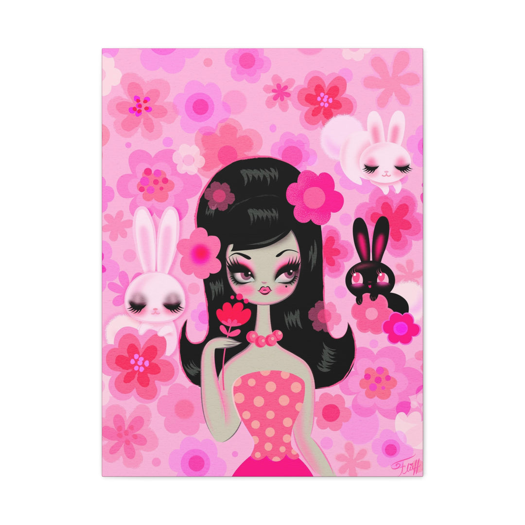 Mod Girl with Bunnies and Flowers • Canvas Gallery Wrap