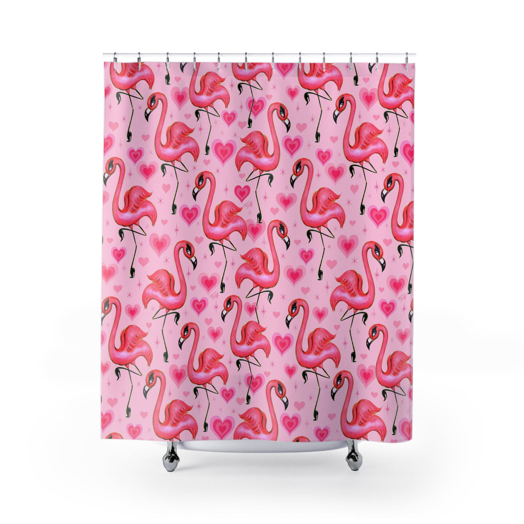 Flamingos and Hearts Pink • Shower Curtain