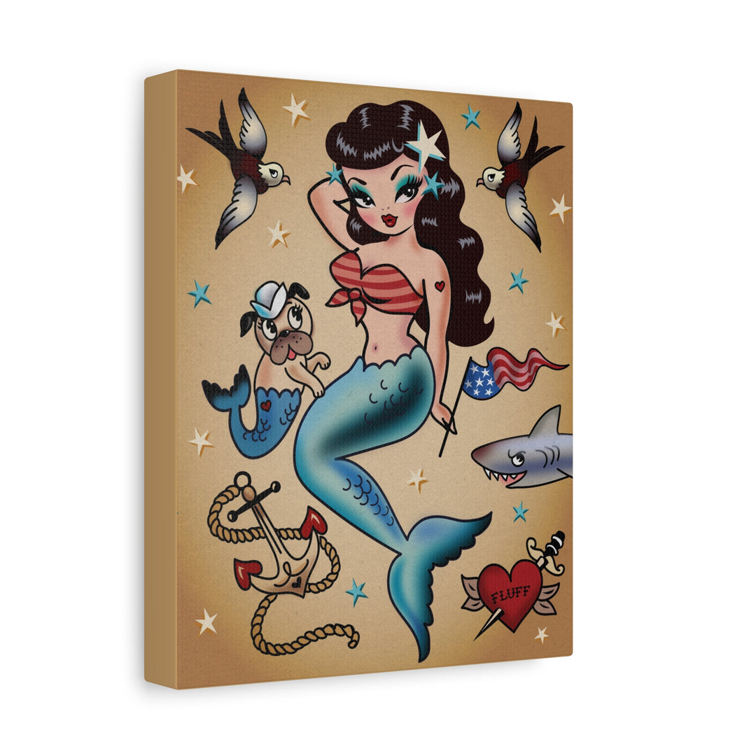Patriotic Pinup Mermaid with Merpup • Canvas Gallery Wrap