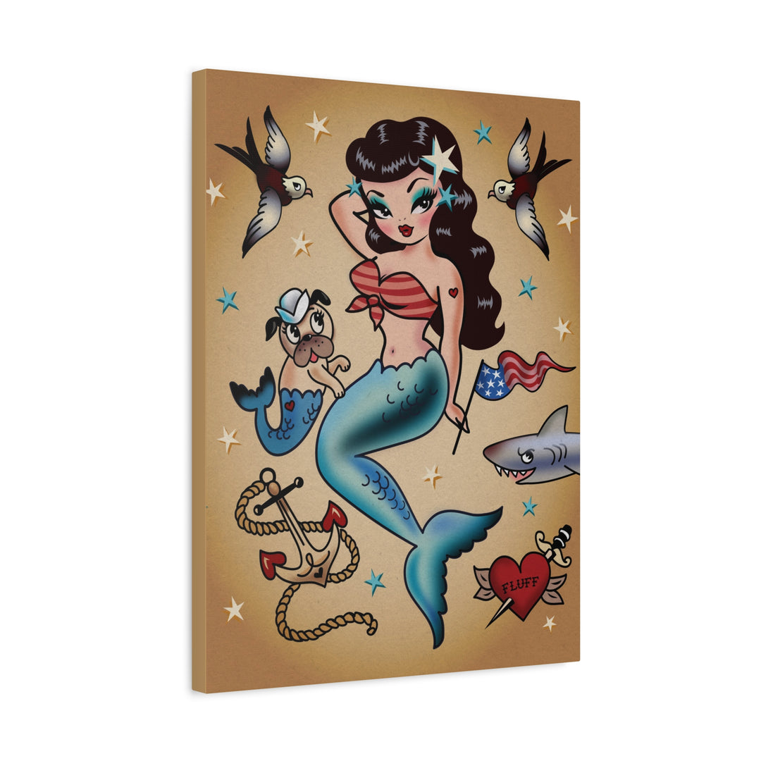Patriotic Pinup Mermaid with Merpup • Canvas Gallery Wrap