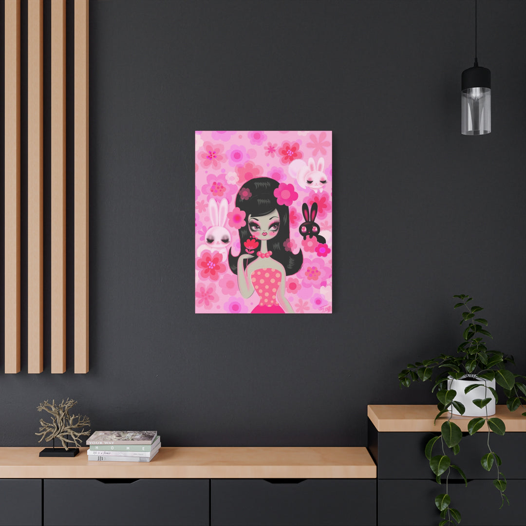 Mod Girl with Bunnies and Flowers • Canvas Gallery Wrap