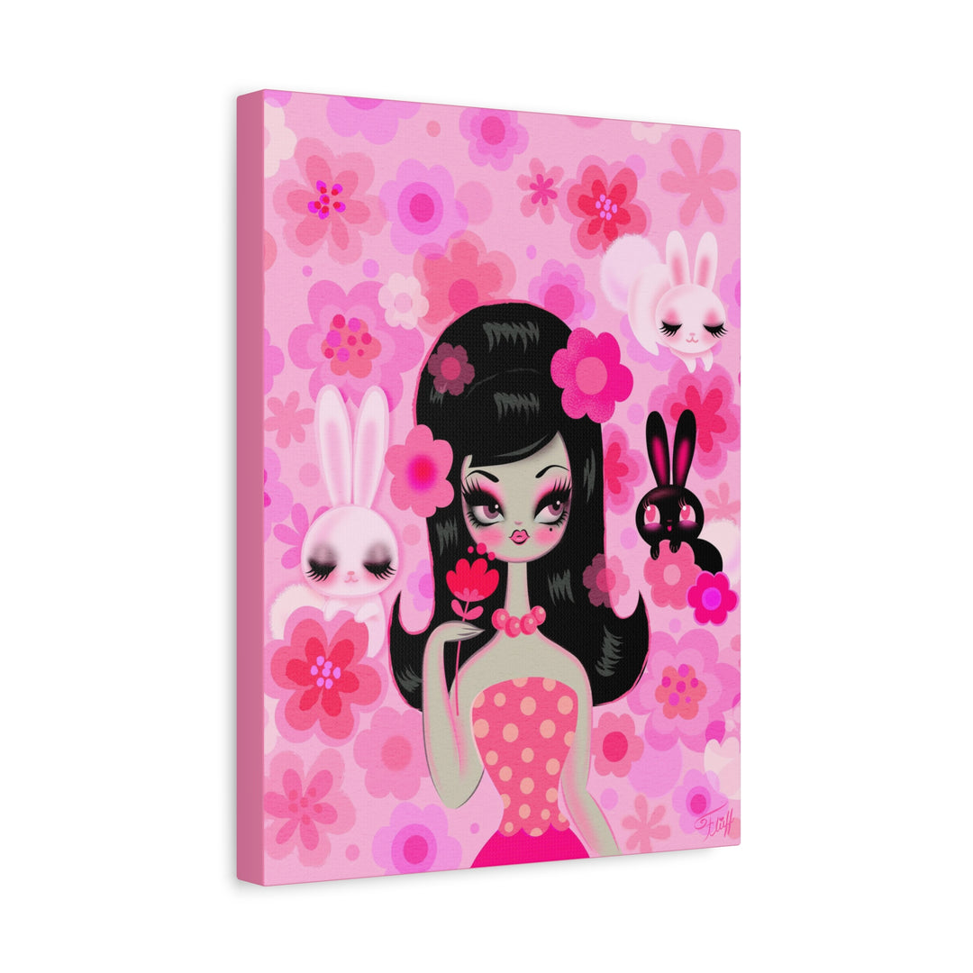 Mod Girl with Bunnies and Flowers • Canvas Gallery Wrap