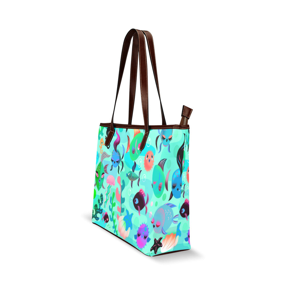 Mid Mod Fishies on Aqua •  Shoulder Purse Tote