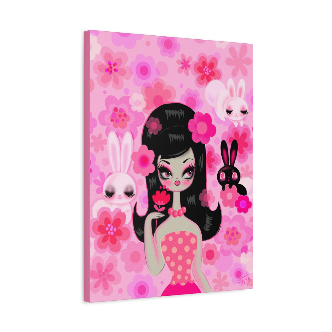 Mod Girl with Bunnies and Flowers • Canvas Gallery Wrap