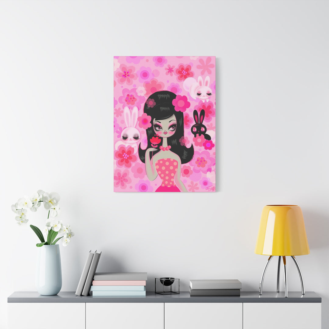 Mod Girl with Bunnies and Flowers • Canvas Gallery Wrap