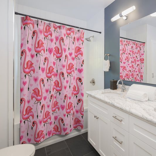 Flamingos and Hearts Pink • Shower Curtain