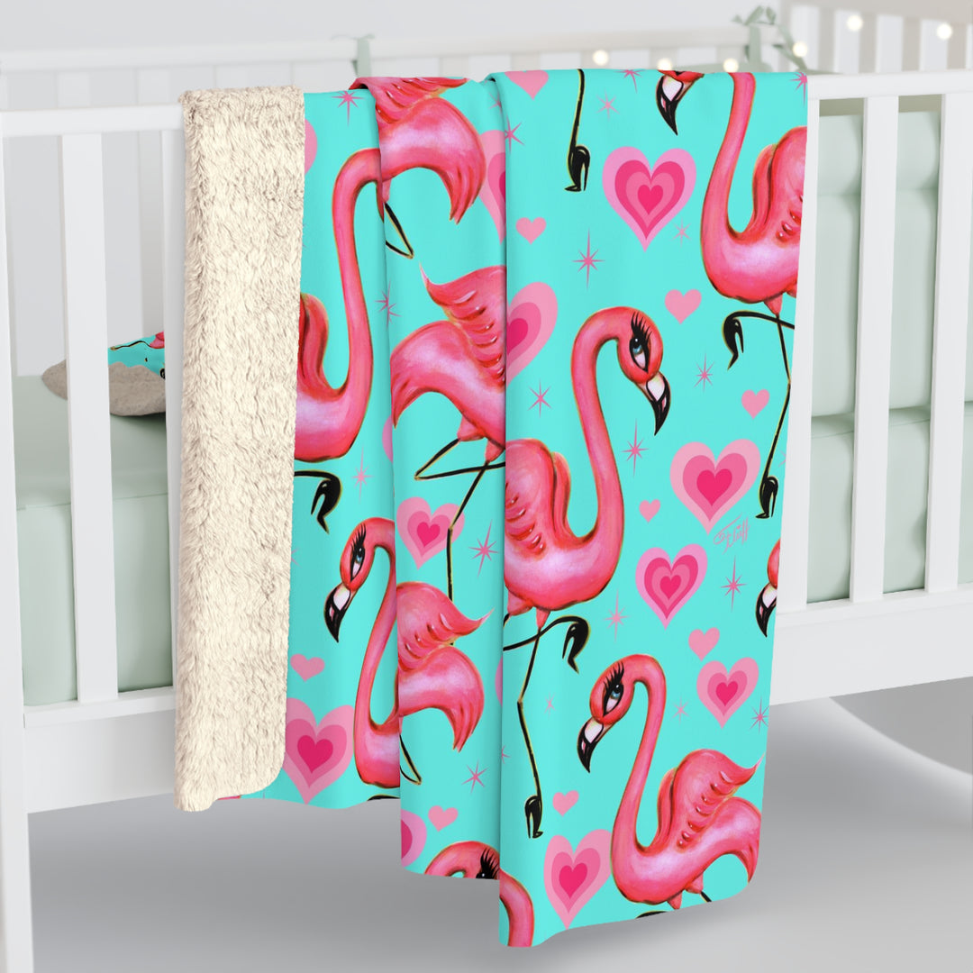 Flamingos and Hearts Aqua • Sherpa Fleece Blanket