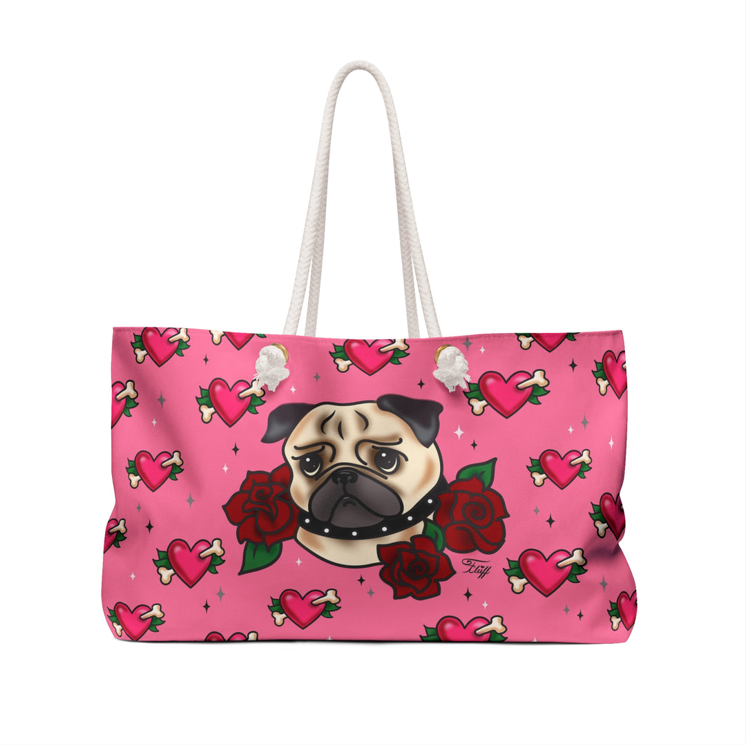 Tattoo Pug with Roses on Pink • Weekender Bag