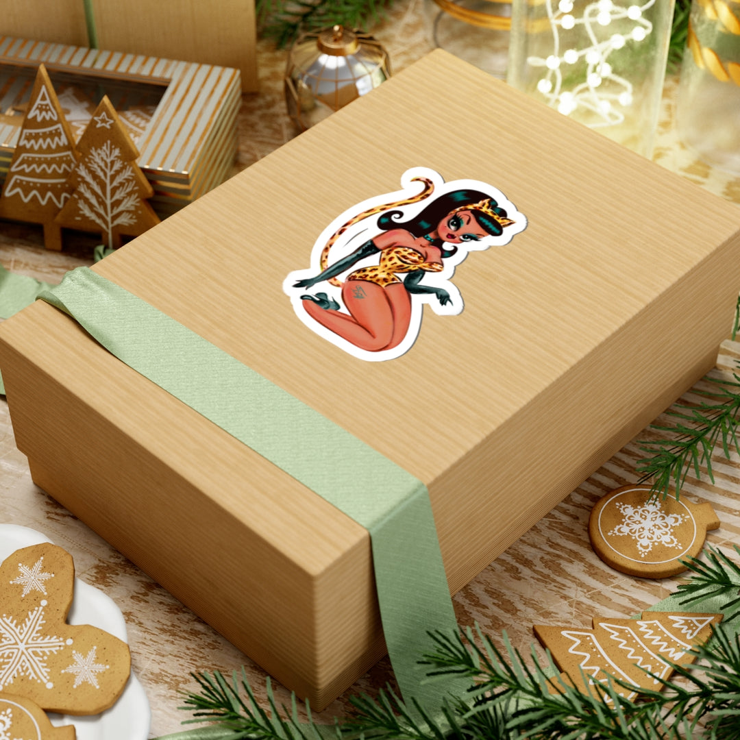 Brunette Leopard Cat Suit Pinup Girl • Kiss-Cut Sticker