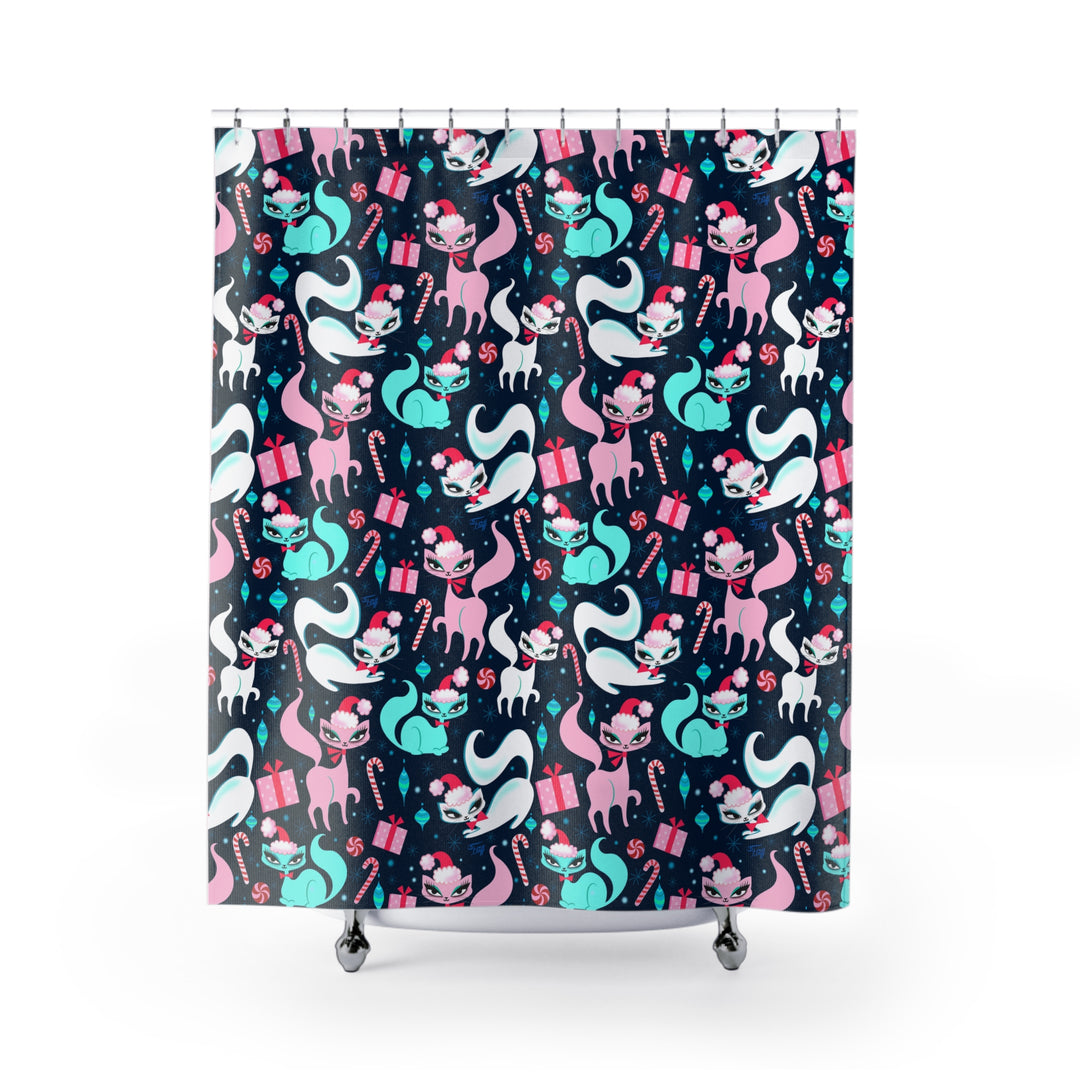 Swanky Christmas Kittens Dark Blue • Shower Curtain