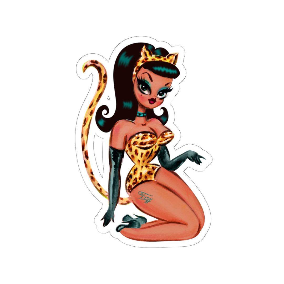 Brunette Leopard Cat Suit Pinup Girl • Kiss-Cut Sticker