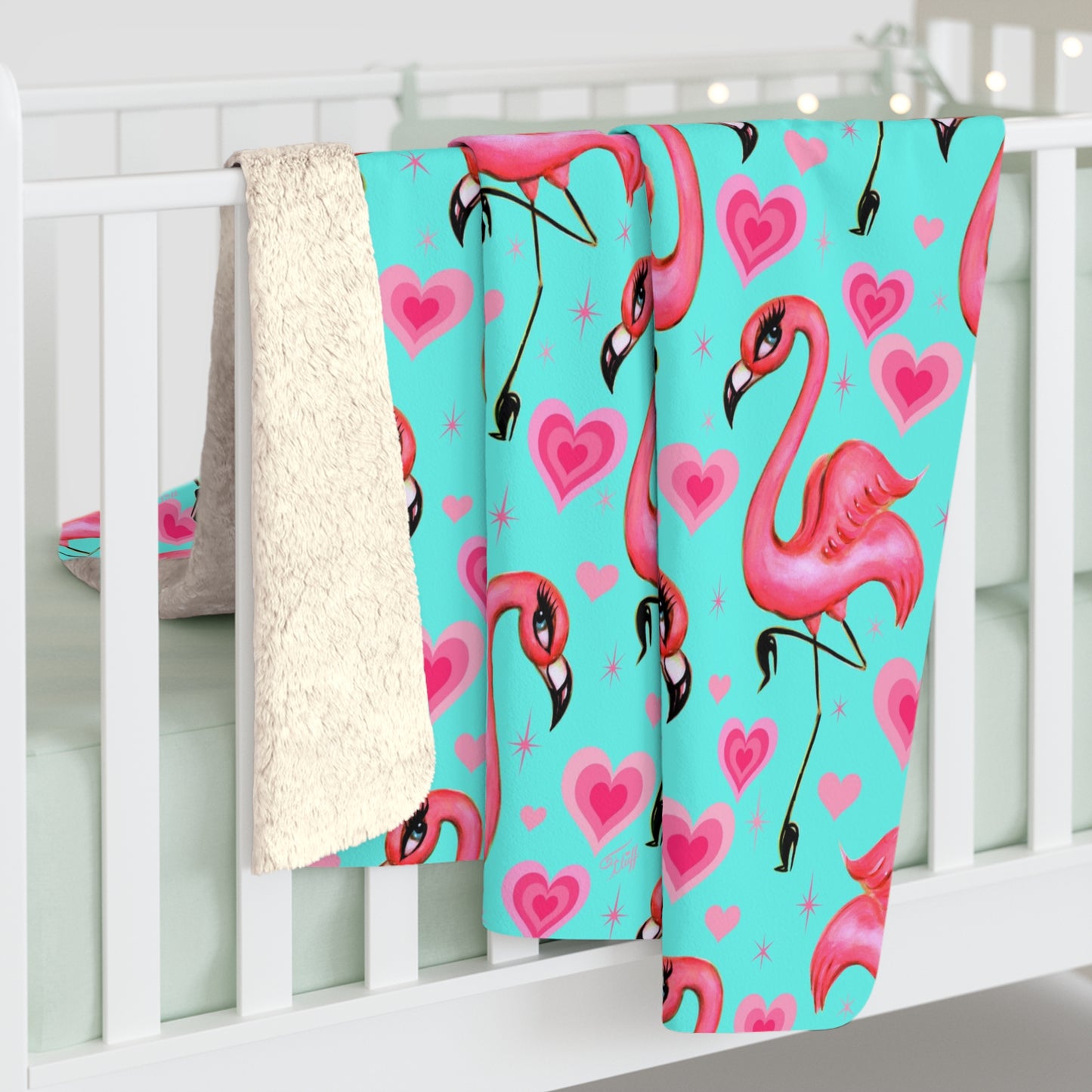 Flamingos and Hearts Aqua • Sherpa Fleece Blanket