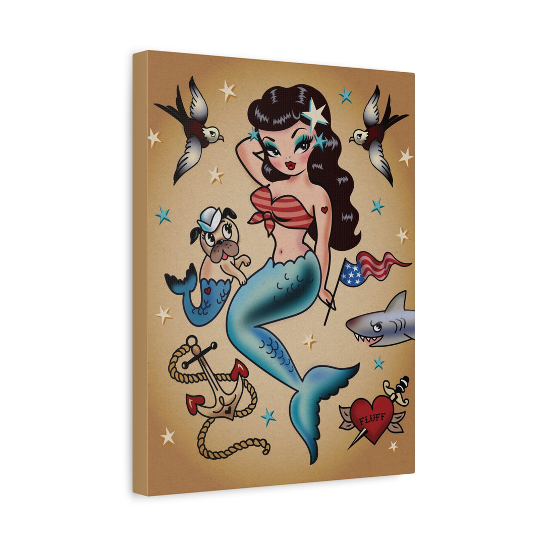Patriotic Pinup Mermaid with Merpup • Canvas Gallery Wrap