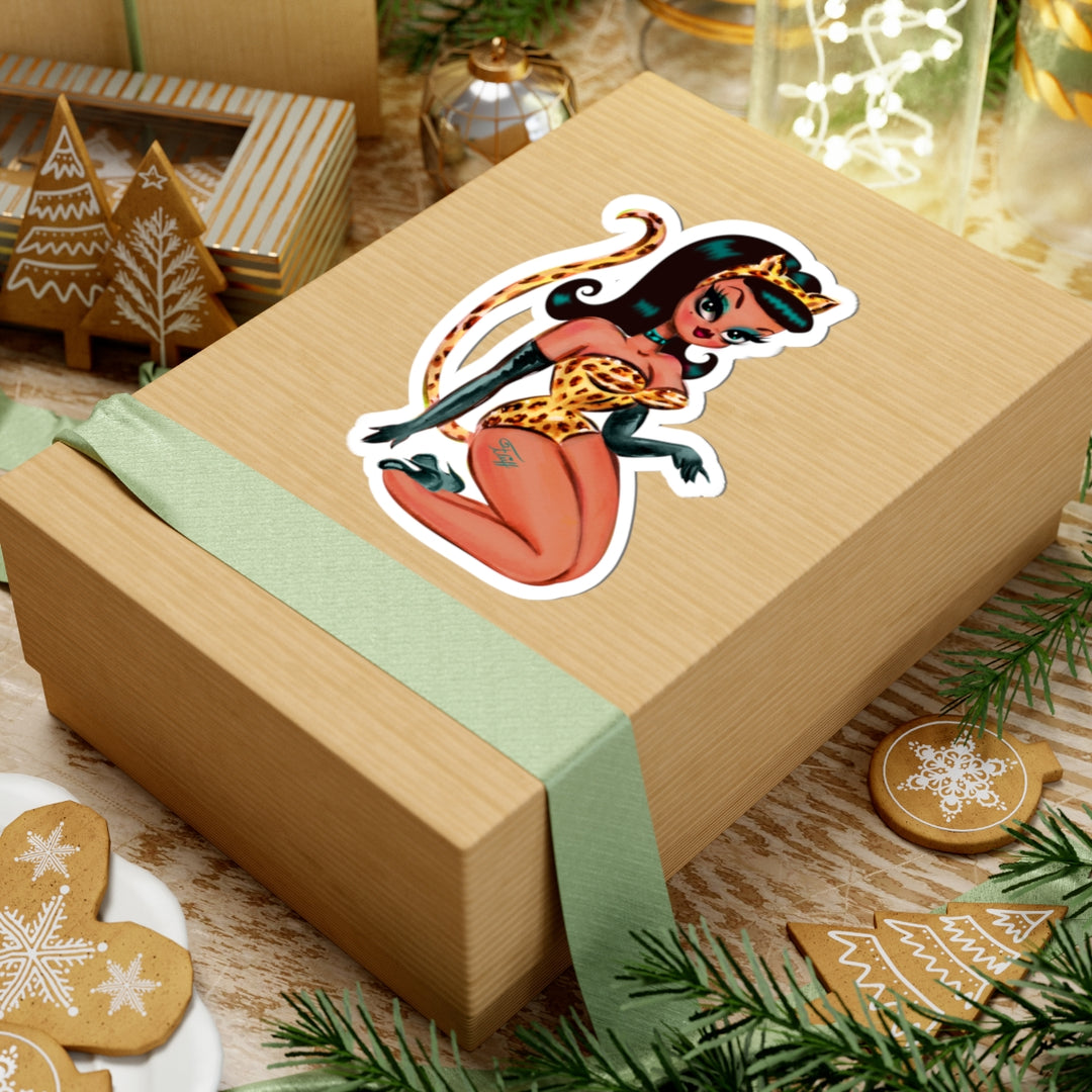 Brunette Leopard Cat Suit Pinup Girl • Kiss-Cut Sticker