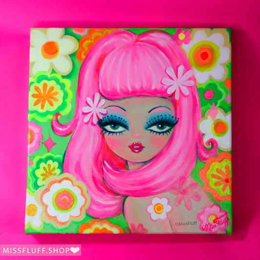 Mod Girl with Pink Hair and Flowers - Original Painting 12x12