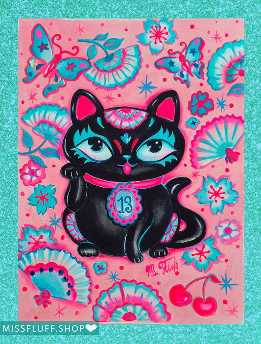 Black Lucky Kitty - Original Drawing 9x12