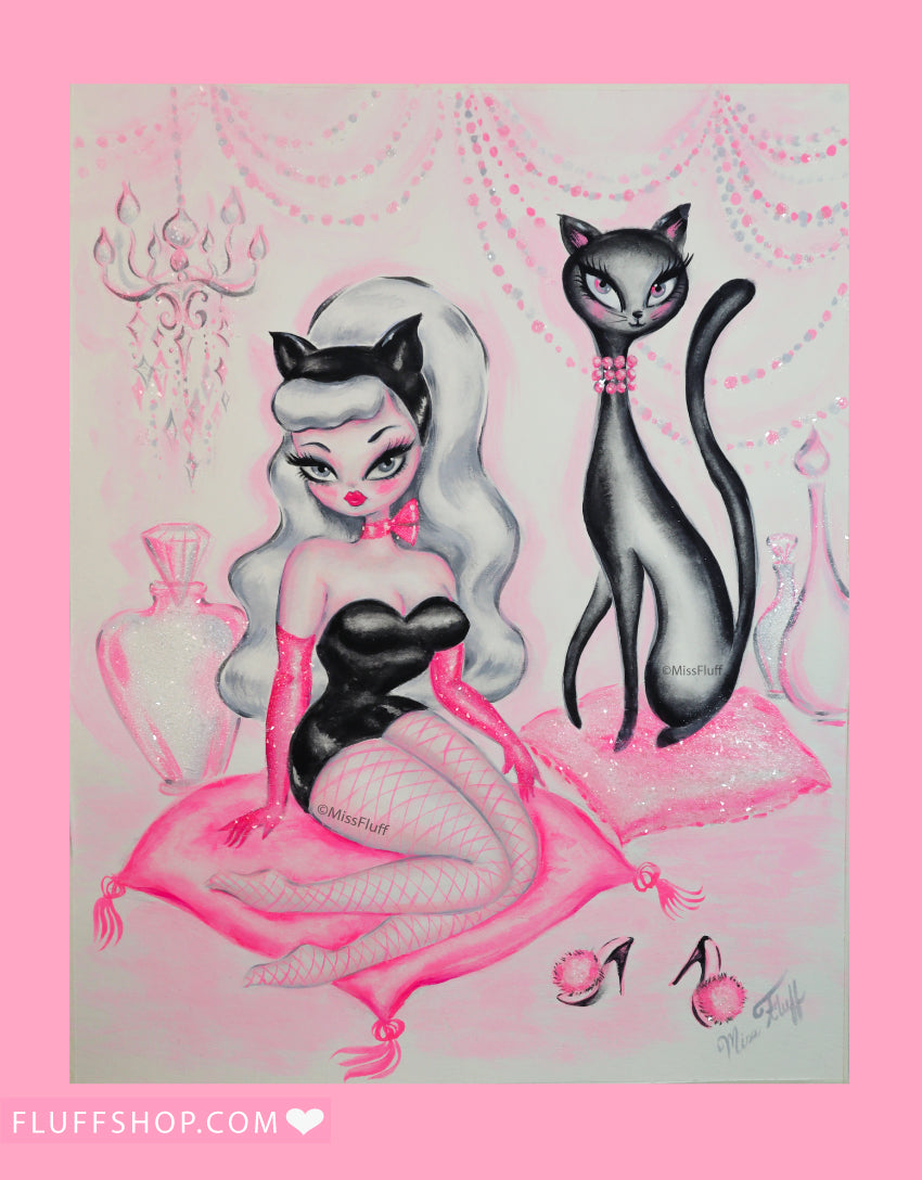 Platinum Blonde Kitten Doll with Black Cat • Original Drawing 11x14-Unframed