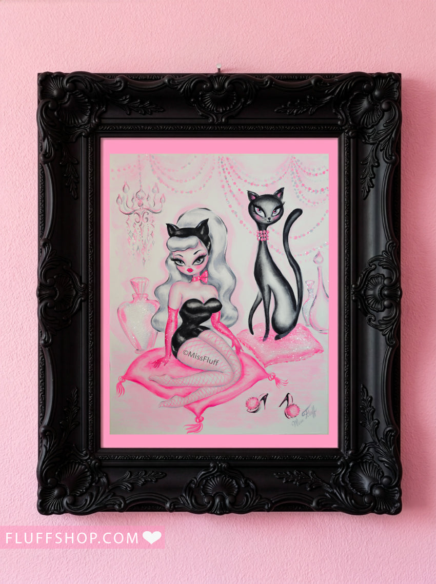Platinum Blonde Kitten Doll with Black Cat • Original Drawing 11x14-Unframed