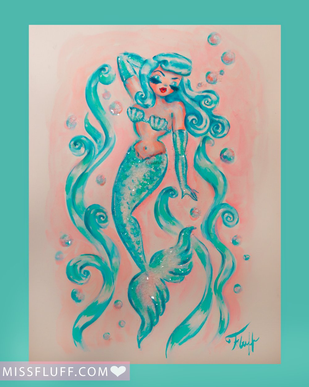 Dreamy Glamour Mermaid in Turquoise- Original Drawing 9x12