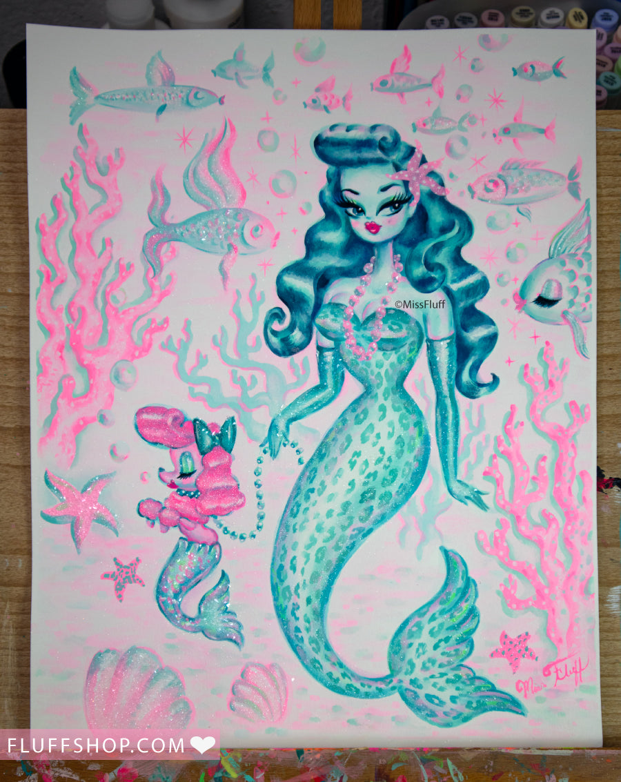 Blue Leopard Mermaid with Merpoodle • Original Drawing 11x14