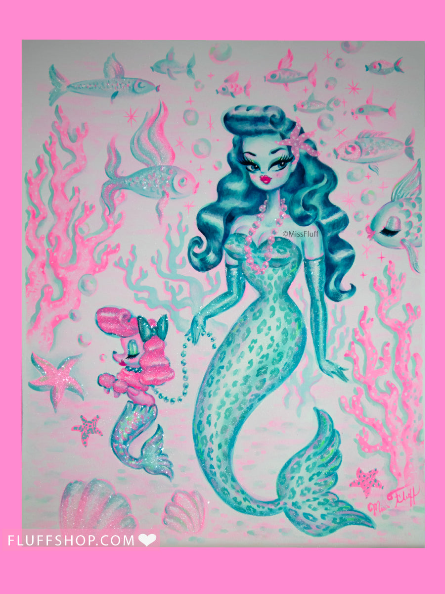 Blue Leopard Mermaid with Merpoodle • Original Drawing 11x14