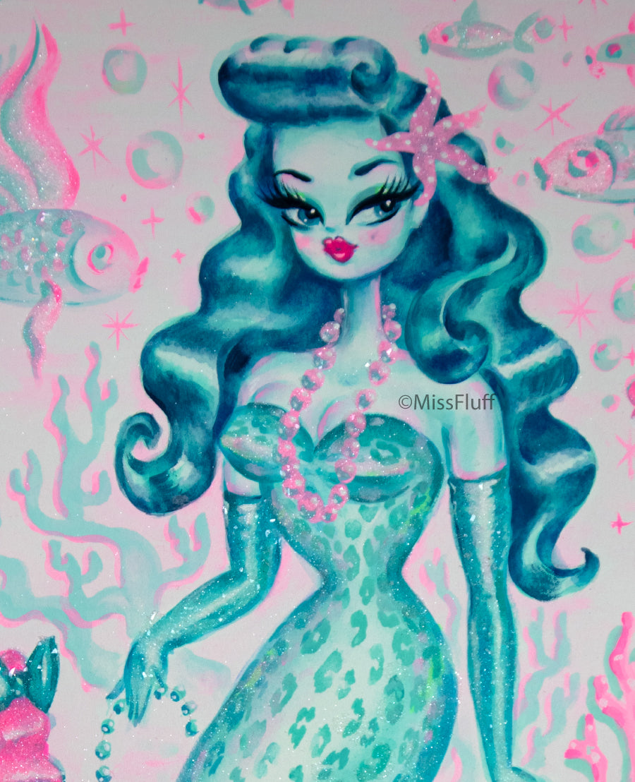 Blue Leopard Mermaid with Merpoodle • Original Drawing 11x14