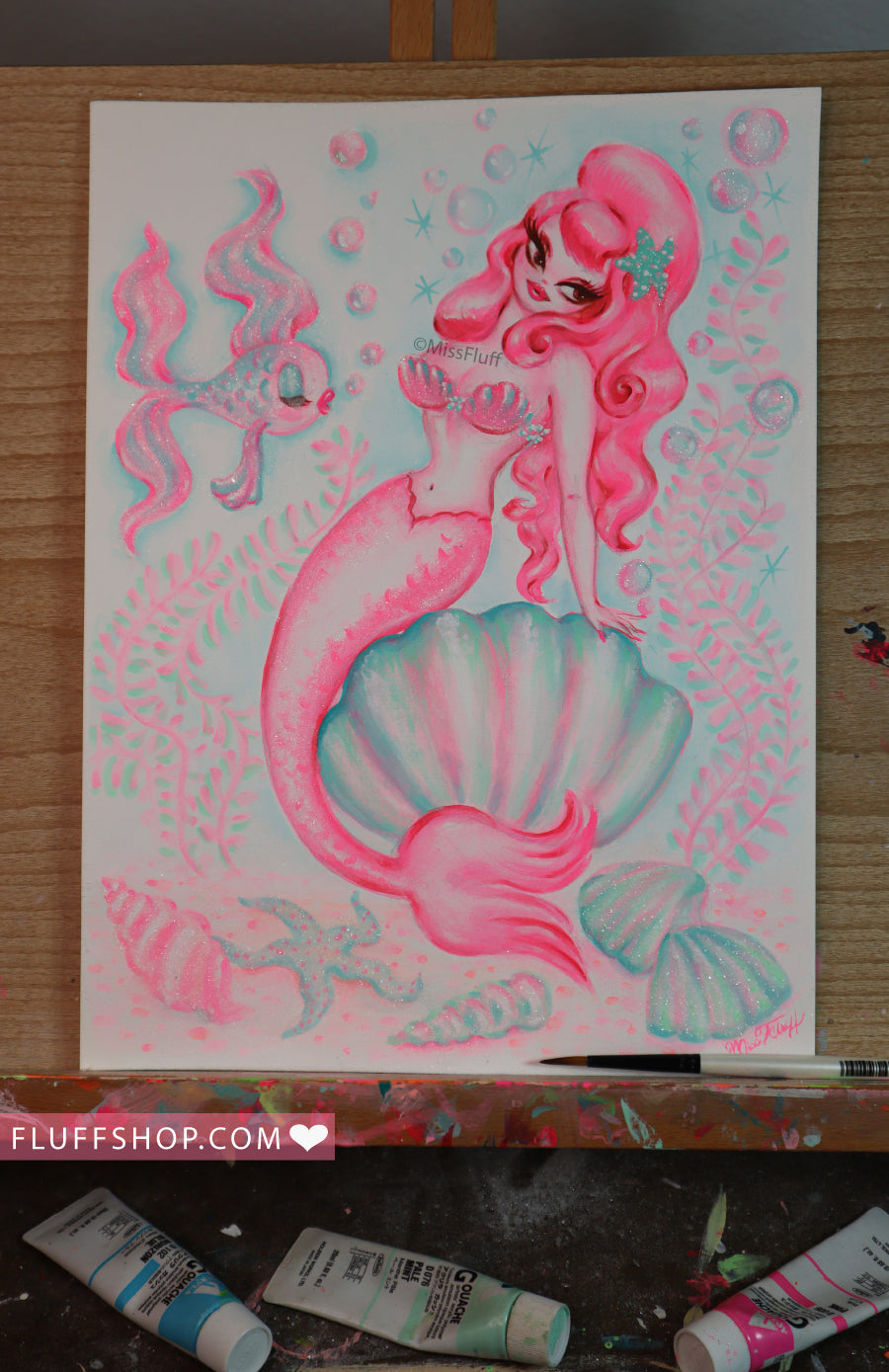 Candy Pink Mermaid with Sleepy Fish • Original Drawing 9x12