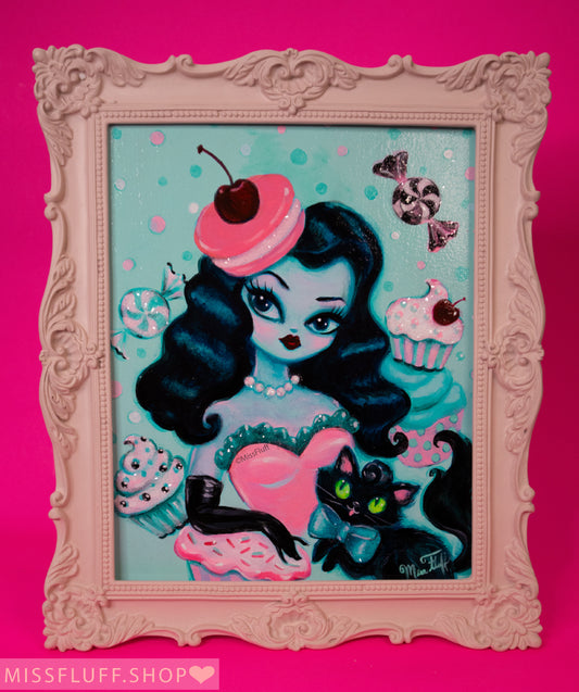 Cherry Macaron Beret Doll • Original Framed Painting 10x12