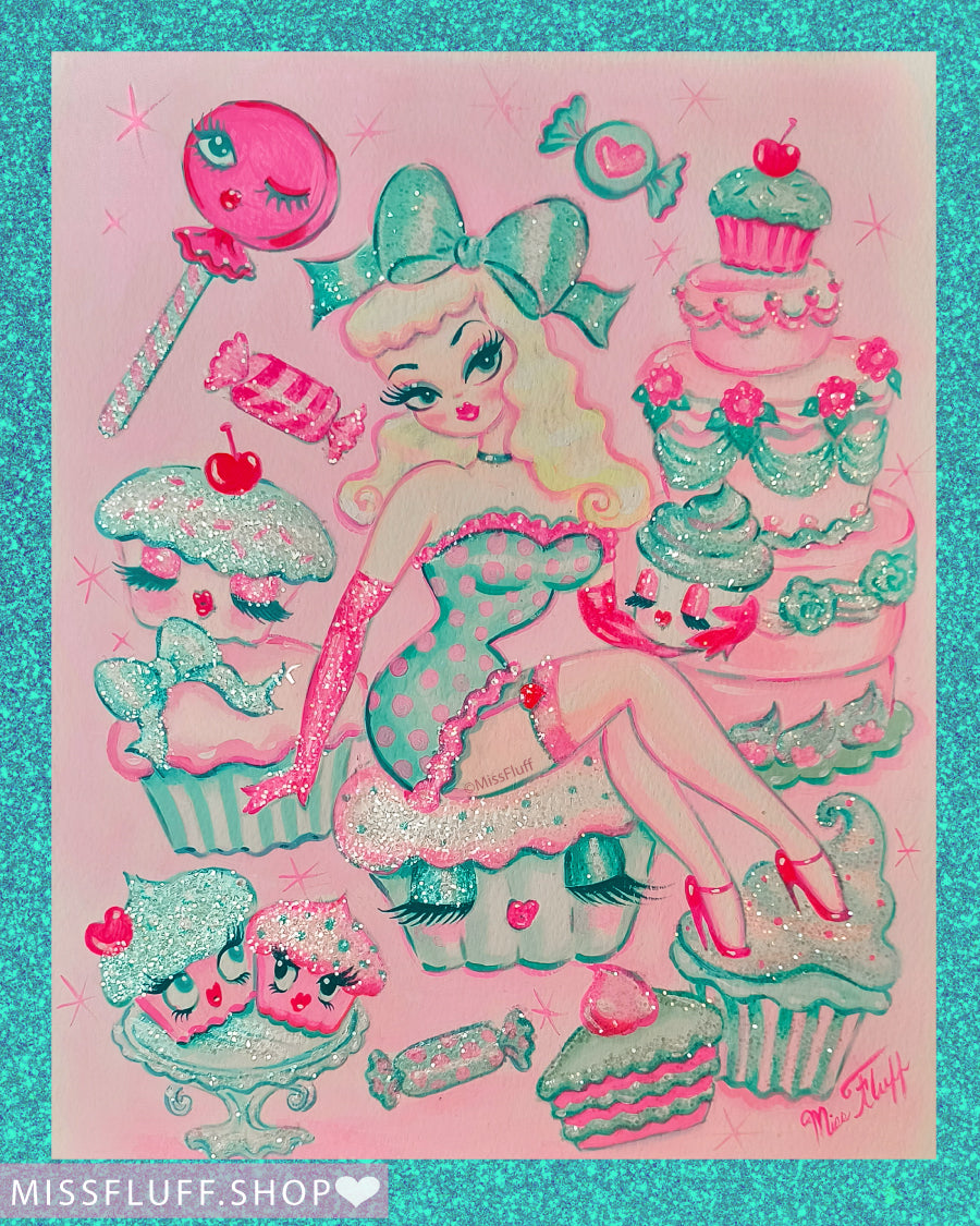 Blonde Dolly Sitting on a Cupcake •  Original Drawing 11x14