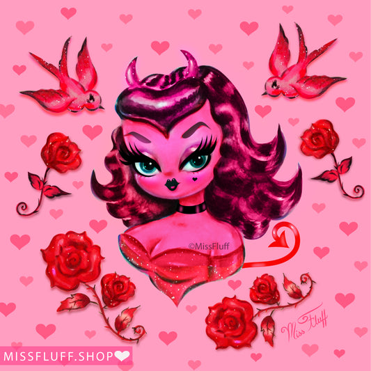 Devil Dolly with Roses and Cherries • Art Print