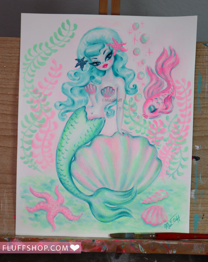 Dreamy Mermaid with Turquoise Hair • Original Drawing 11x14