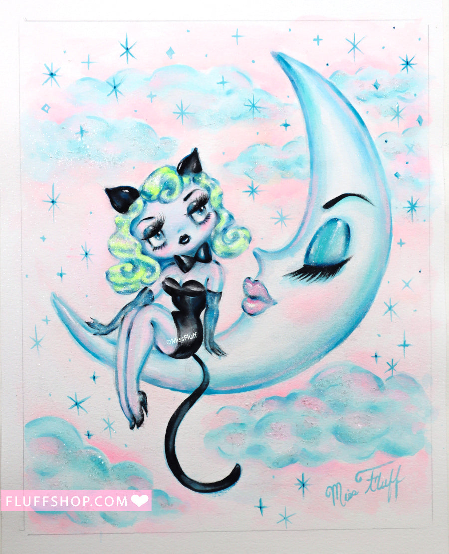 Dreamy Kitten Doll on the Moon • Original Drawing 9x12