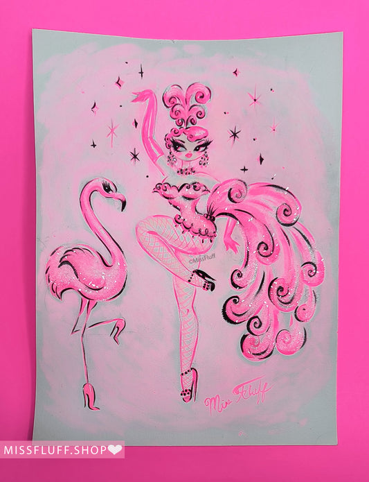 Flamingo Showgirl Pink Hair- Original Drawing 9x12