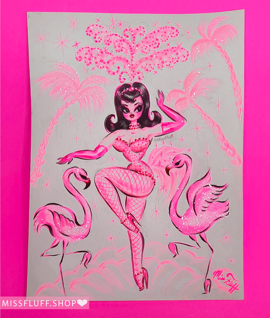 Flamingo Showgirl Raven Hair- Original Drawing 9x12