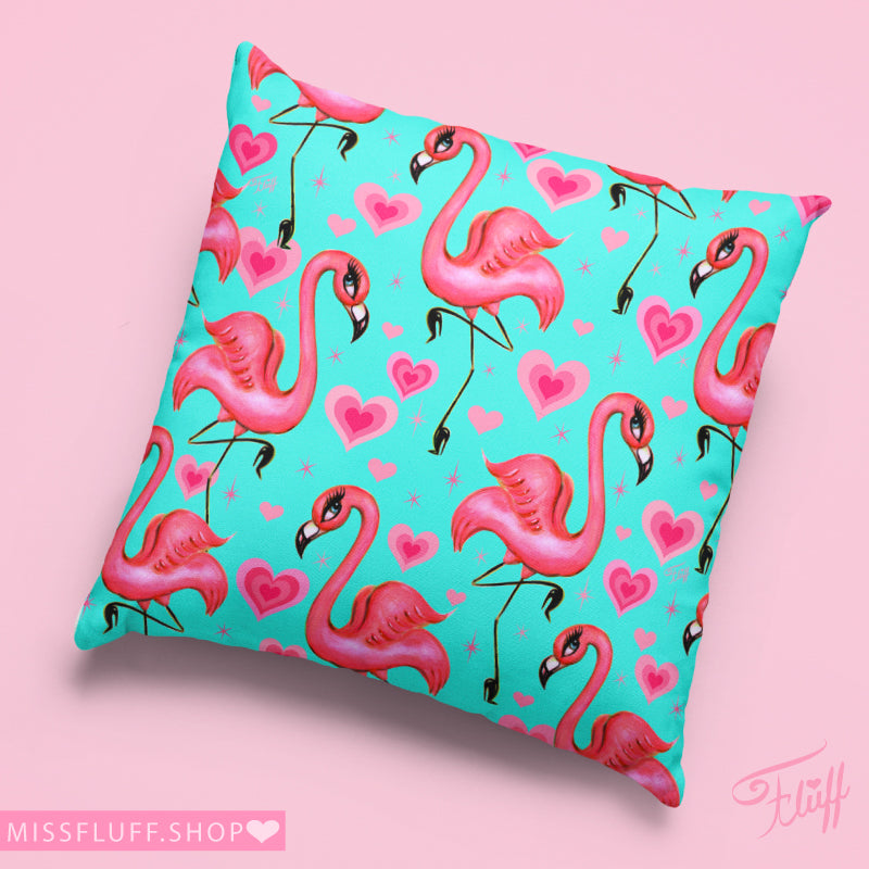 Flamingos and Hearts Aqua • Decor Pillow