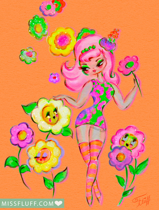 Mod Flower Pixie on Tangerine • Art Print