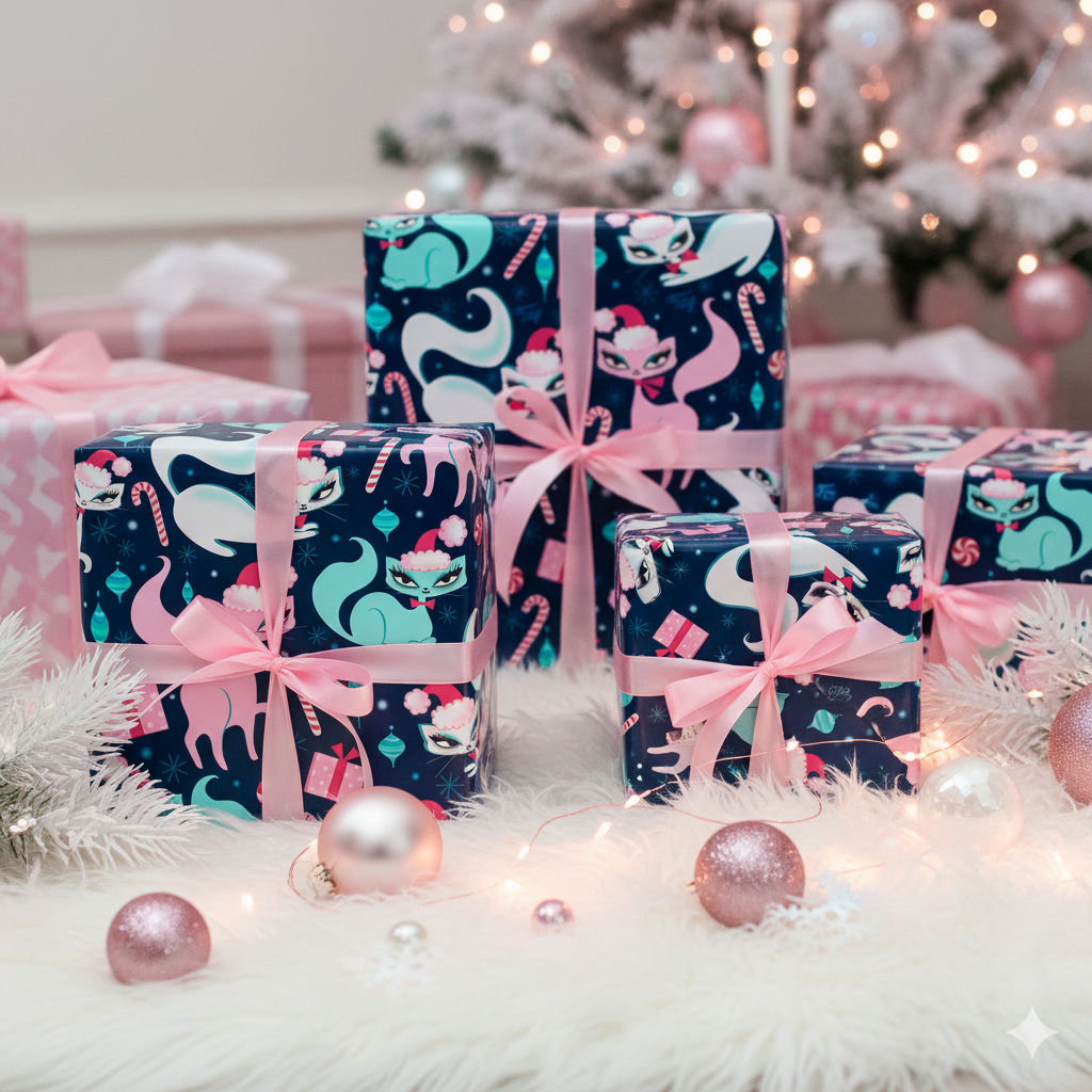 Swanky Kittens Christmas Dark Blue • Gift Wrap Paper 3 Rolls