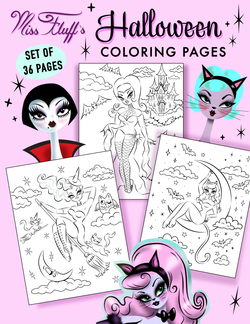 Miss Fluff's Halloween Printable Coloring Pages • Set of 36