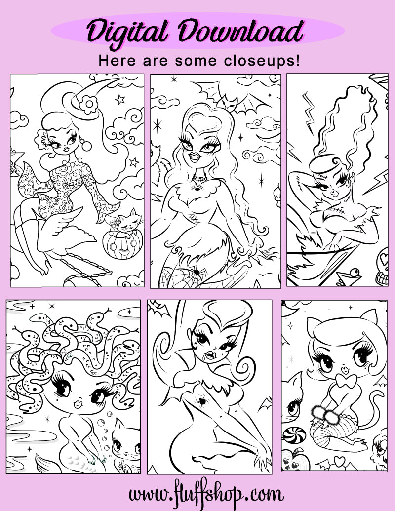 Miss Fluff's Halloween Printable Coloring Pages • Set of 36