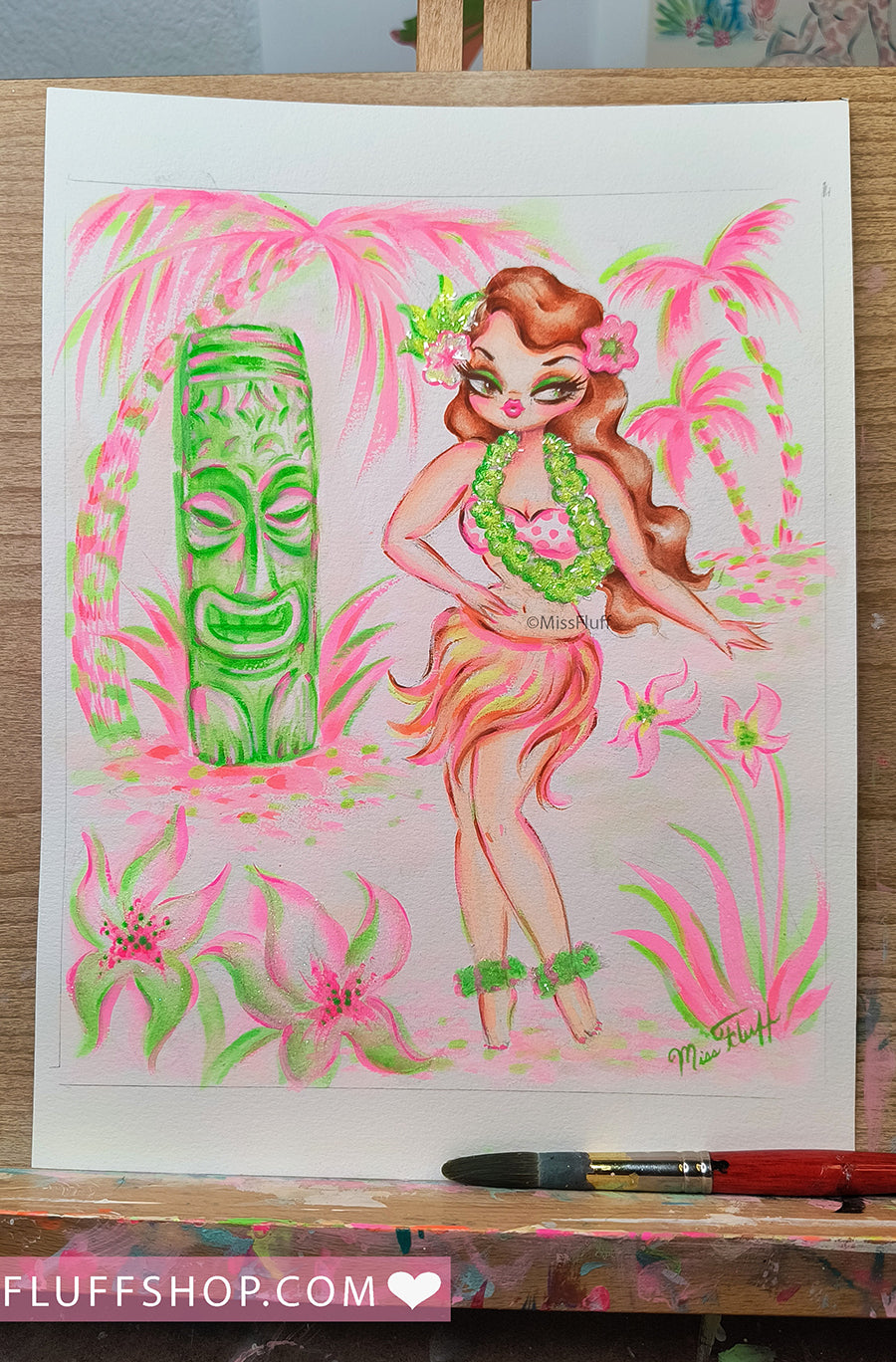 Hula Girl on Pink Palm Island • Original Drawing 9x12