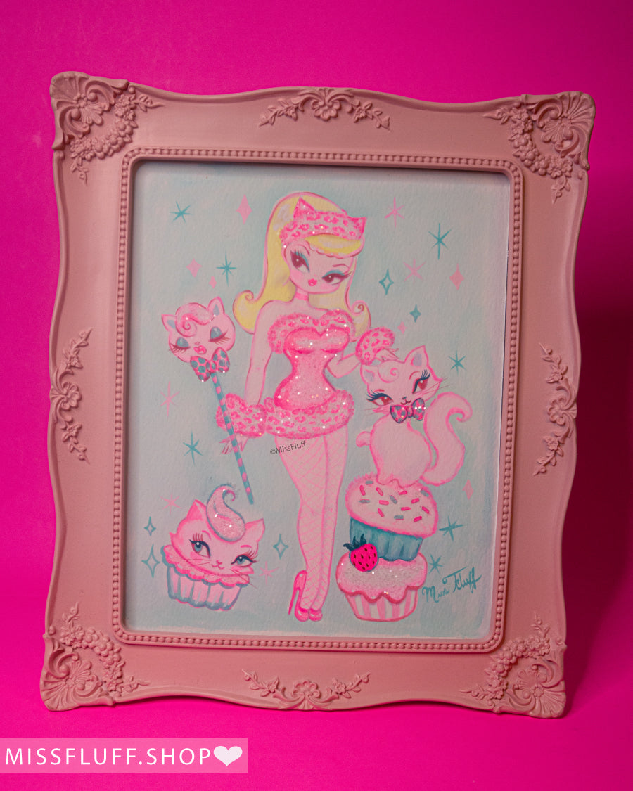 Pink Leopard Kitten Cupcake Doll • Original Framed Drawing 11x12.5