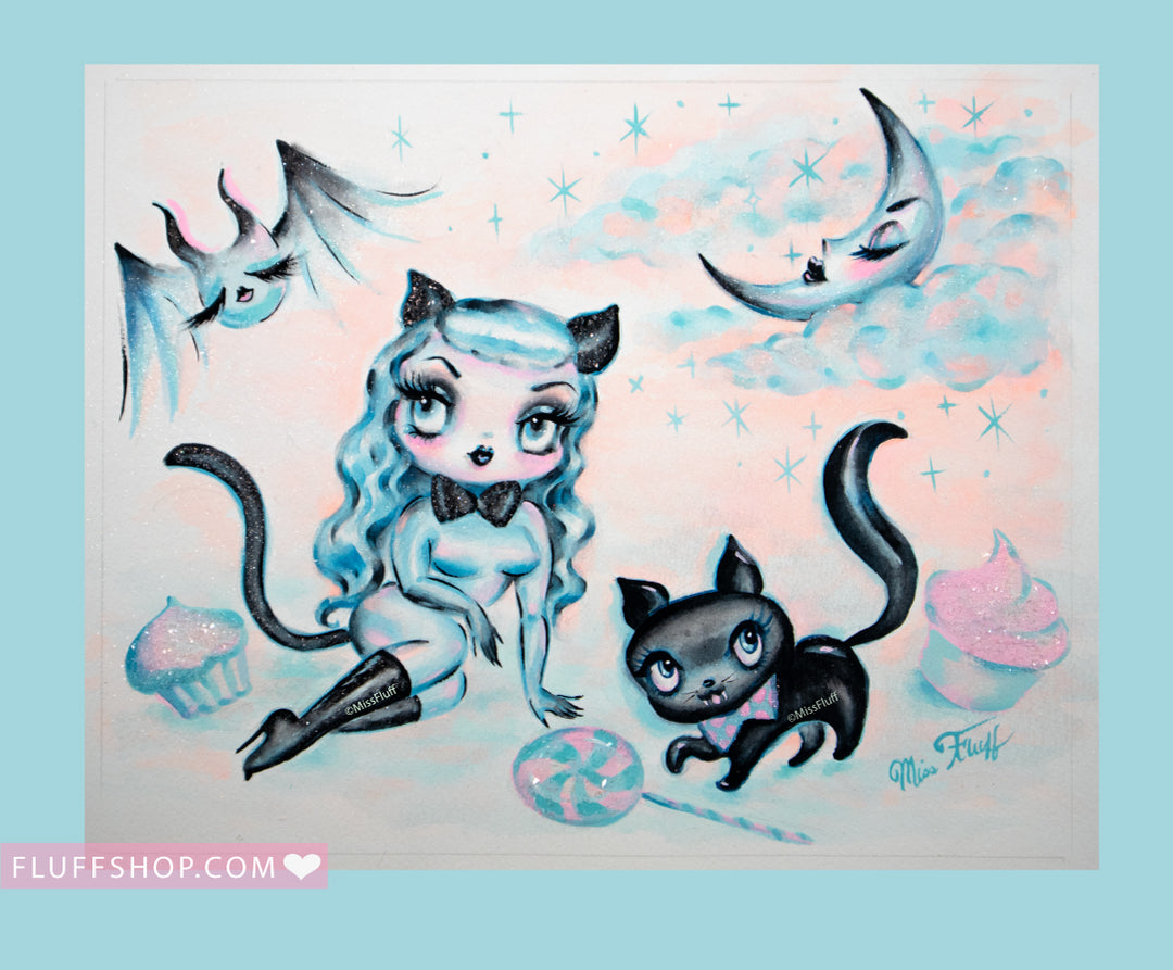 A Tuesday Night Kitten Doll • Original Drawing 9x12-unframed