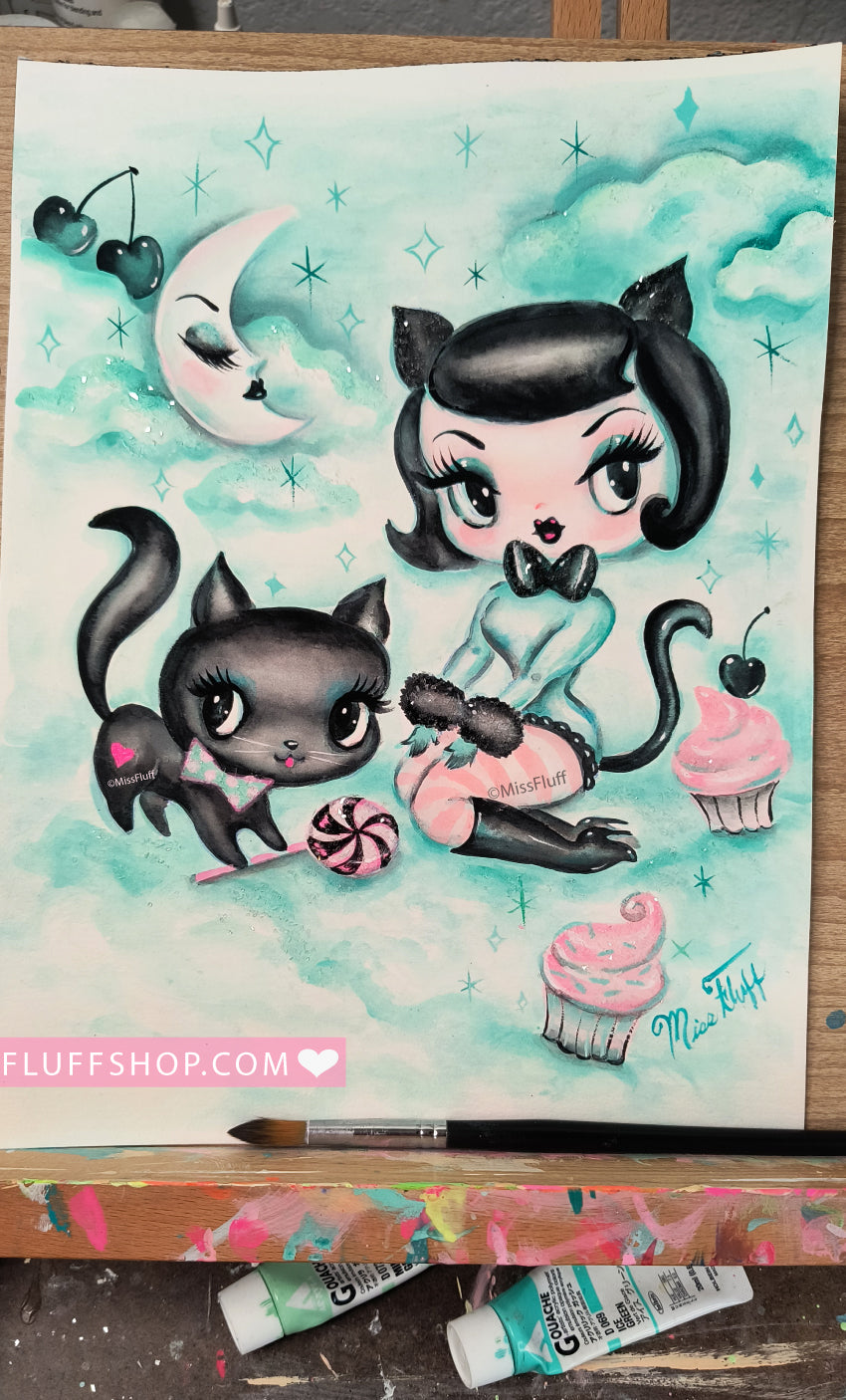 Kitten Doll with kitty & cupcakes • Original Drawing 9x12